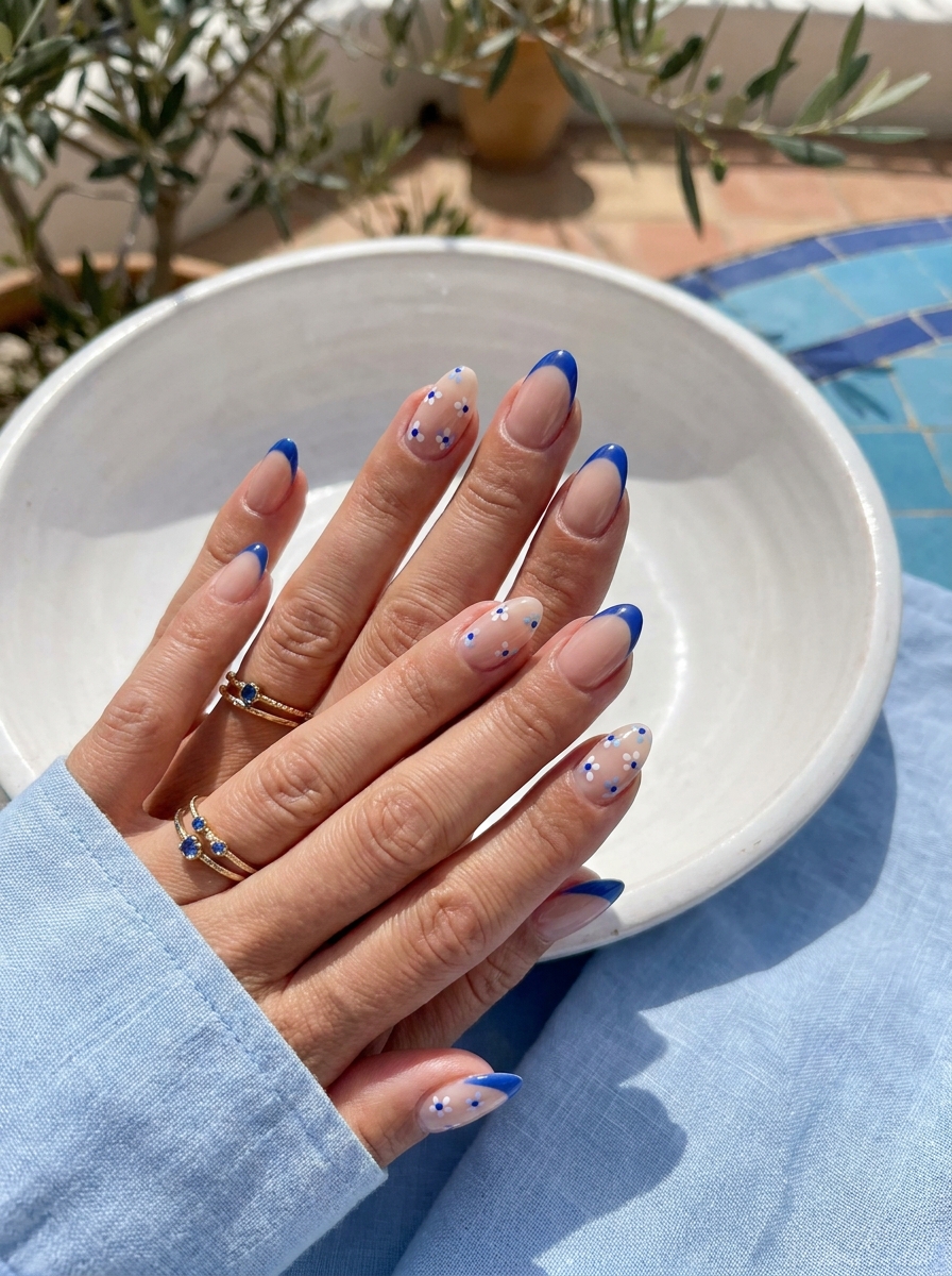 Blue Floral French Nails mit blauen Blüten und feinen French Tips